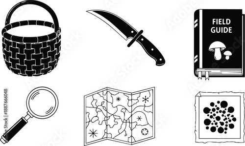 Minimalist line art mushroom foraging icon set showing woven basket folding map field guide magnifier hunting knife spore print close up isolated black white flat vector