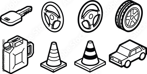 Isometric line art car icons set showing car key steering wheel two tires fuel can traffic cones and compact car three quarter angle with bold outline