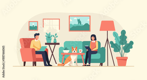 A cozy interior scene with two people and a dog relaxing at home