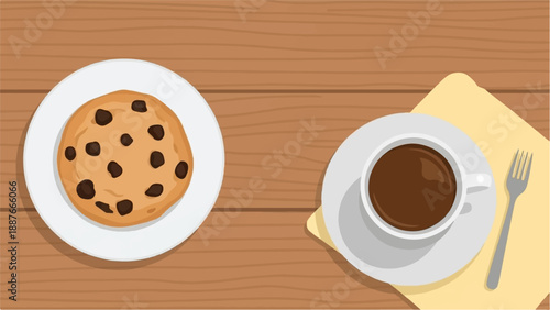 A cookie and coffee on a wooden table, with a fork on a napkin