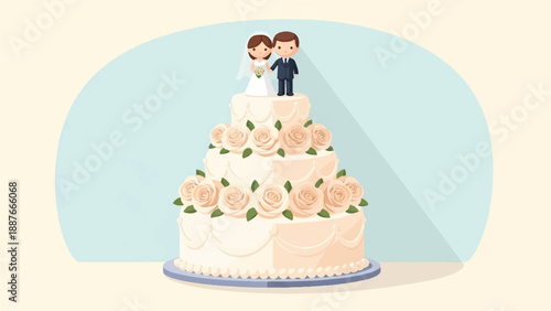 A charming cartoon illustration of a multi-tiered wedding cake adorned with roses and a bride and groom topper