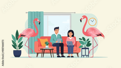 A cozy living room scene featuring two people on a couch with two flamingos