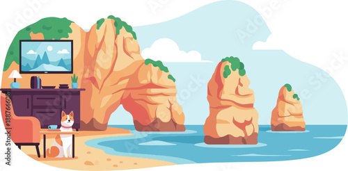 A cozy living room scene overlooks a serene ocean with majestic rock formations