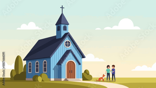 A charming blue church stands beside a path with two people and a dog