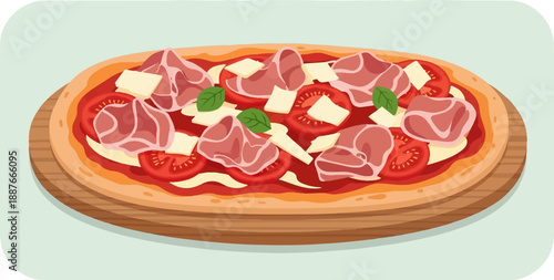A delicious pizza with cured meat, tomatoes, cheese, and basil