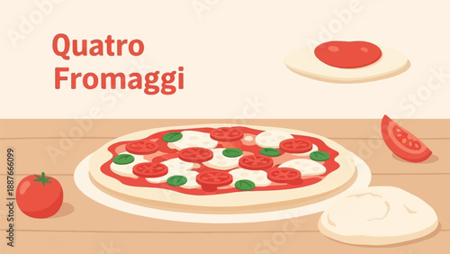 A delicious four-cheese pizza with fresh ingredients and dough for preparation