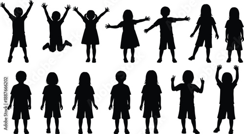 Happy children silhouettes set showing boys and girls standing, jumping and raising arms, playful kid figures isolated on white background