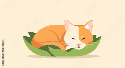 A cozy orange and white cat sleeps peacefully curled up in green leaves