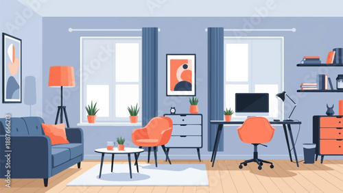 A cozy, modern living room with blue sofa, orange chair, and desk