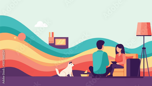 A couple and dog relax indoors with a retro television and abstract background