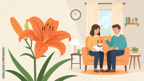 A couple and dog relax on couch with orange lily in foreground