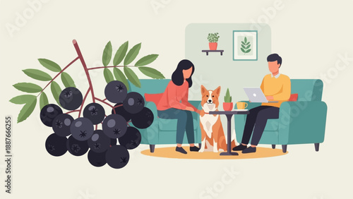 A cozy scene with people, a dog, and berries indoors