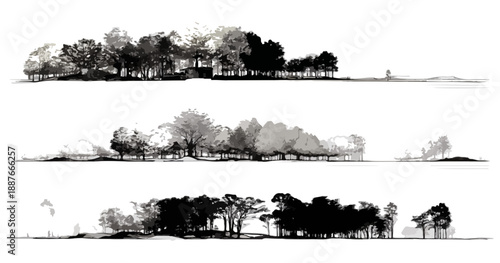 Zestaw trzech czarno-białych, ręcznie rysowanych sylwetek drzew i lasu na przezroczystym tle.