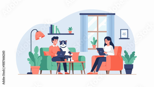 A couple and their cat work on laptops in a cozy, modern living room