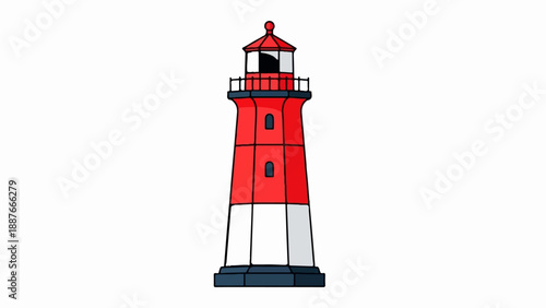 A cartoonish red and white lighthouse stands tall against a white background