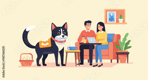 A cozy scene with a dog, couple working, and a coffee break