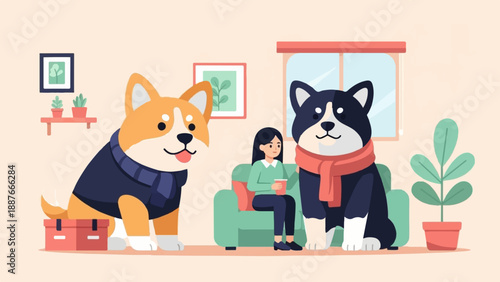 A cozy scene of two dogs and a person relaxing indoors with houseplants