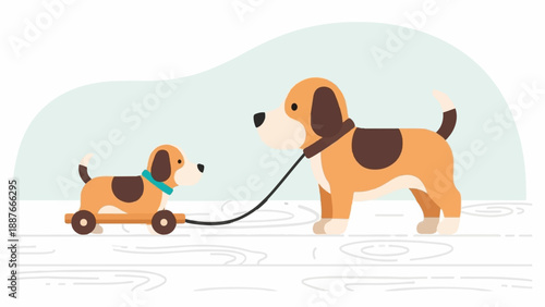 A cartoonish beagle dog pulls a toy beagle dog on wheels