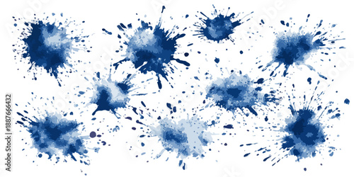 Zestaw akwarelowych plam i rozbryzgów farby w kolorze granatowym na białym tle, idealny do projektów graficznych.