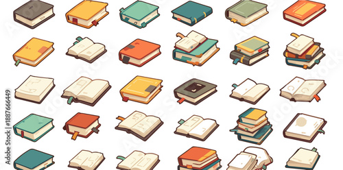 Zestaw kolorowych ikon książek i notatników w stylu pixel art z przezroczystym tłem do projektów cyfrowych.