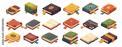 Zestaw izometrycznych, stylizowanych ksiąg i tomów z zakładkami na przezroczystym tle