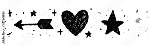 Czarno-biały, ręcznie rysowany pasek z sercem, strzałą i gwiazdkami na przezroczystym tle.