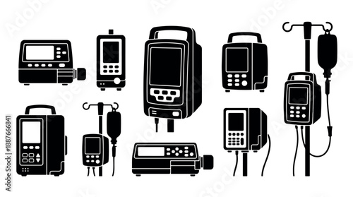 Collection of medical infusion pumps and IV stands in silhouette.