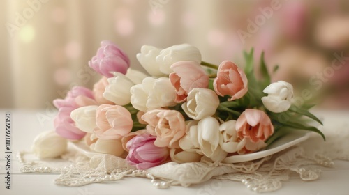 Beautiful bouquet of tulips in soft pastel colors arranged elegantly on a delicate lace doily with a dreamy background, perfect for spring themes
