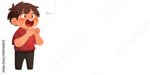 Zaskoczony chłopiec w czerwonej koszulce klaszcze rękami na przezroczystym tle, ilustracja wektorowa.