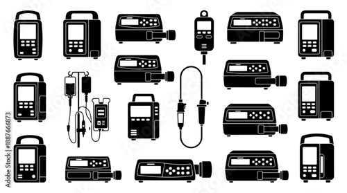Collection of Medical Infusion Pumps and Equipment Silhouettes.