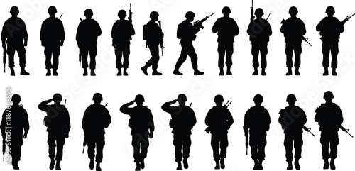 Army soldier silhouettes set showing armed military troops walking, standing and saluting, black combat figures isolated on white background