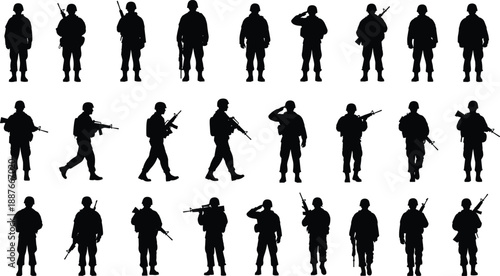Military soldier silhouettes set showing armed army men standing, walking and saluting, black combat figures isolated on white background