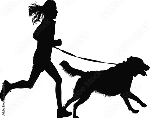 Active girl jogging with pet golden retriever silhouette, healthy lifestyle and outdoor animal training vector.