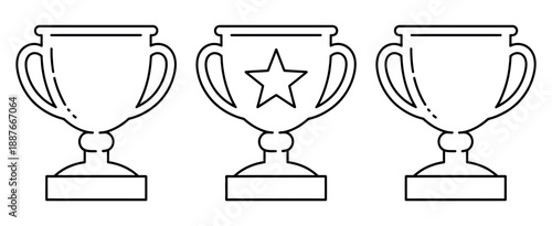 Trophy Cup Black Line Icon Set featuring winner cups, victory medals, and award symbols for champion recognition.