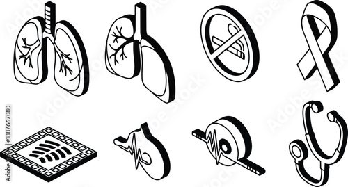 Isometric vector black and white medical icon set featuring full lungs single lung no smoking sign awareness ribbon heart with ecg stethoscope and diagnostic chip tile