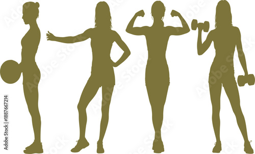 Fitness Women Silhouette Vector Set Featuring Athletes Training With Dumbbells And Kettlebells For Gym Branding,