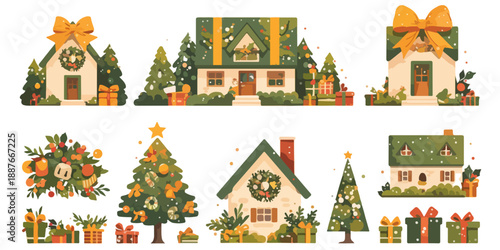 크리스마스 시즌의 장식된 집과 선물, 트리, 화환 등 다양한 일러스트 모음