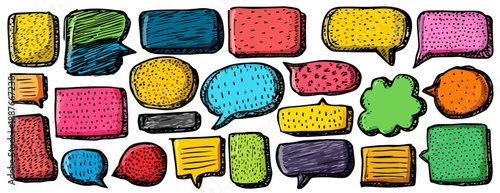 다양한 색상의 손으로 그린 말풍선 모음, 커뮤니케이션과 아이디어 표현을 위한 디자인 요소