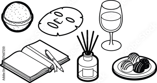 Line art vector top view spa self care set with open notebook and pen macaron sheet mask reed diffuser wine glass plate of chocolate truffles calm