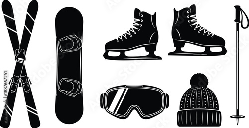 Flat design cross skis snowboard and ice skates set with goggles beanie and pole collection top view black silhouette winter sports gear arranged vectorized minimalist isolated