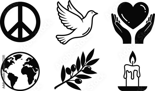 Flat design black peace icon set showing peace symbol dove flying hands holding heart earth globe olive branch candle on white background minimalist calm simple silhouette