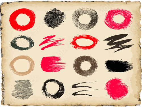 Zbiór ręcznie rysowanych pociągnięć pędzla, kół i plam w kolorach czerwonym, czarnym i brązowym na tle papieru.