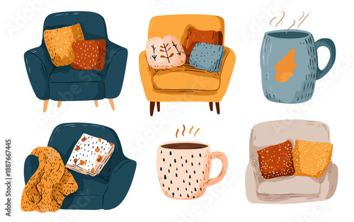 Zestaw uroczych, ręcznie rysowanych mebli domowych: fotele, poduszki i kubki z gorącymi napojami na białym tle.