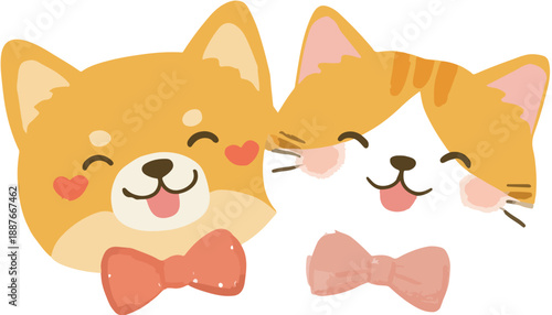 귀여운 시바견과 고양이 캐릭터가 나란히 웃고 있는 모습, 사랑스러운 우정 표현