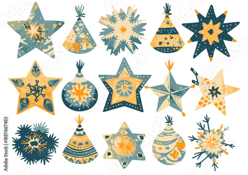 Zestaw ręcznie rysowanych, ludowych ozdób choinkowych w kształcie gwiazd i bombek na białym tle.