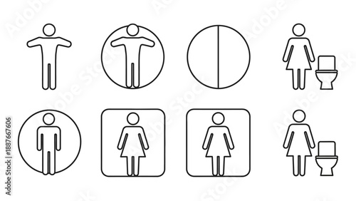 Collection of restroom signs and symbols for men and women.