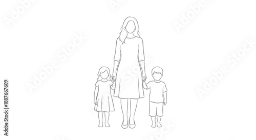 Mother holding hands with two children line art illustration.