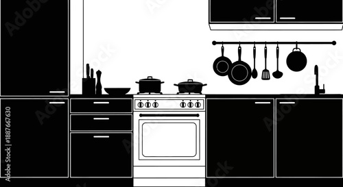 Modern Kitchen Interior With Stove Cabinets And Utensils.