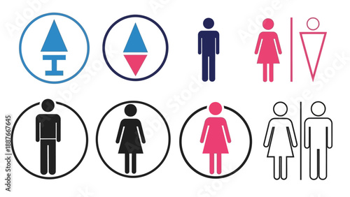 Collection of restroom signs and symbols for men and women.