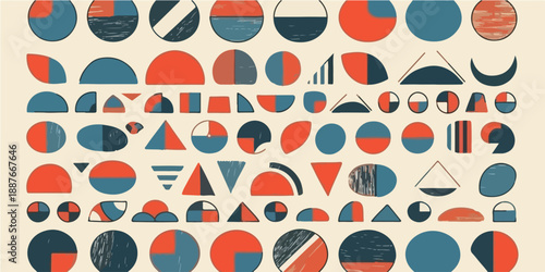 다양한 기하학적 패턴과 추상적인 모양이 반복되는 복고풍 디자인